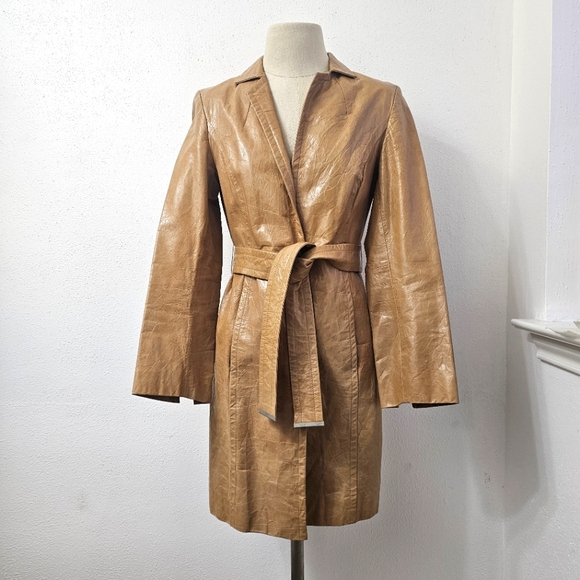 Express Y2K Crinkle Leather Belted Camel Coat Size 1/2 - Picture 13 of 16
